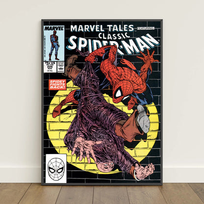 Spiderman comic book covers poster featuring classic red and blue suit against black brick wall with yellow circle design