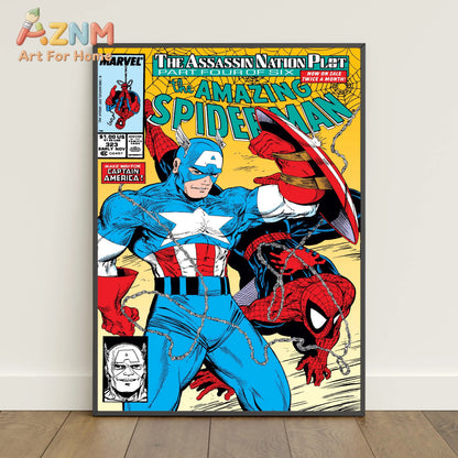A framed vintage-style marvel comic book cover poster featuring captain america and spider-man in bold colors