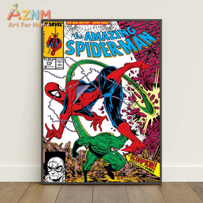 A framed Spiderman comic book covers poster featuring Spiderman in red and blue swinging with a green scorpion below