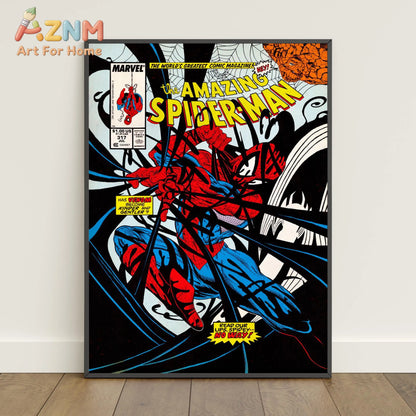 A framed Spiderman comic book covers poster featuring bold red and blue colors on a black background wall art print