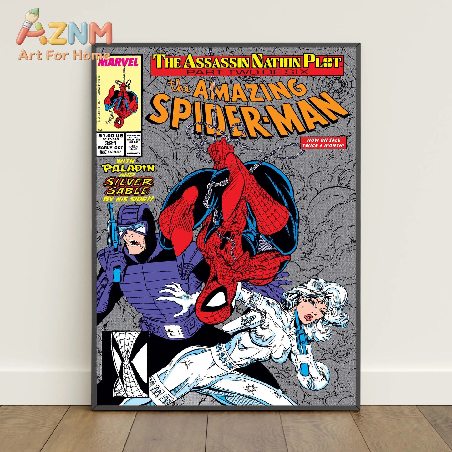 A framed spiderman comic book covers poster with dynamic red and blue suit details on a gray background wall art print
