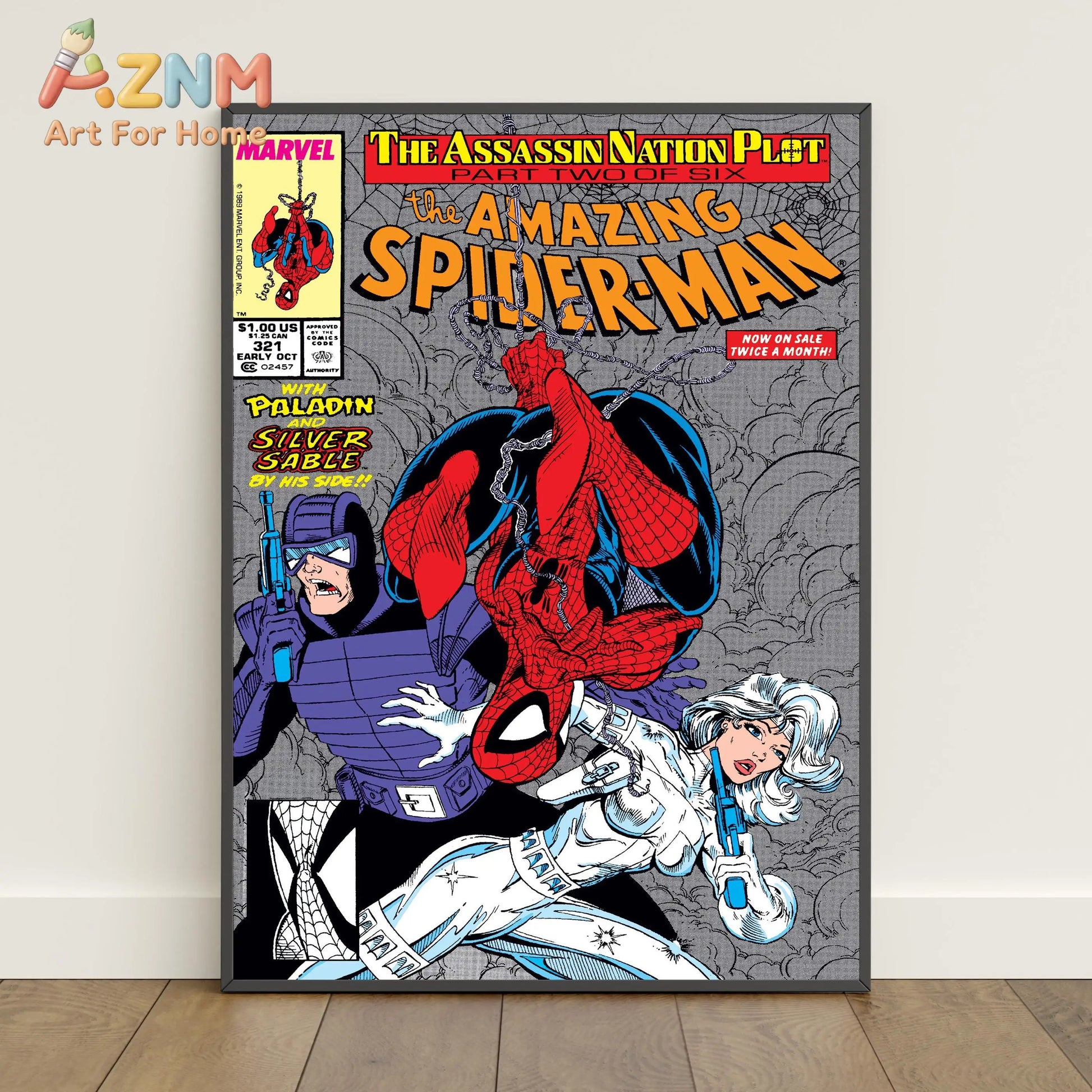 A framed spiderman comic book covers poster with dynamic red and blue suit details on a gray background wall art print