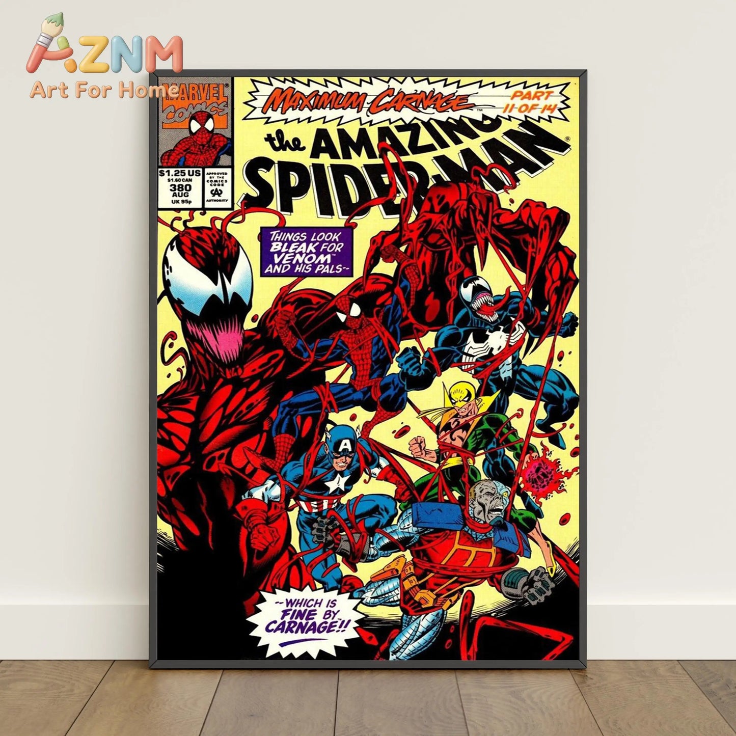 A framed vibrant comic book cover poster of the amazing spider-man maximum carnage featuring spider-man venom and carnage