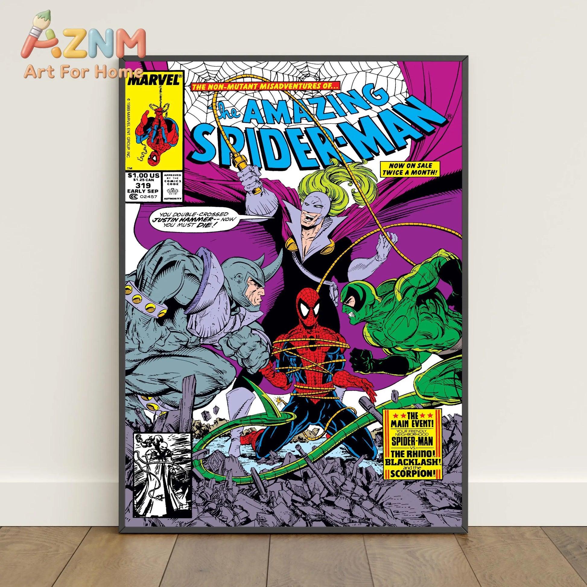 Vibrant spiderman comic book covers poster featuring purple and blue lettering on a dynamic action canvas print