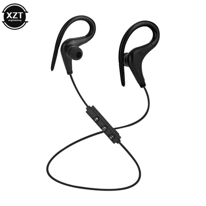 Black sports wireless bluetooth headset running with hook-style earbuds and central control for stereo music earphones