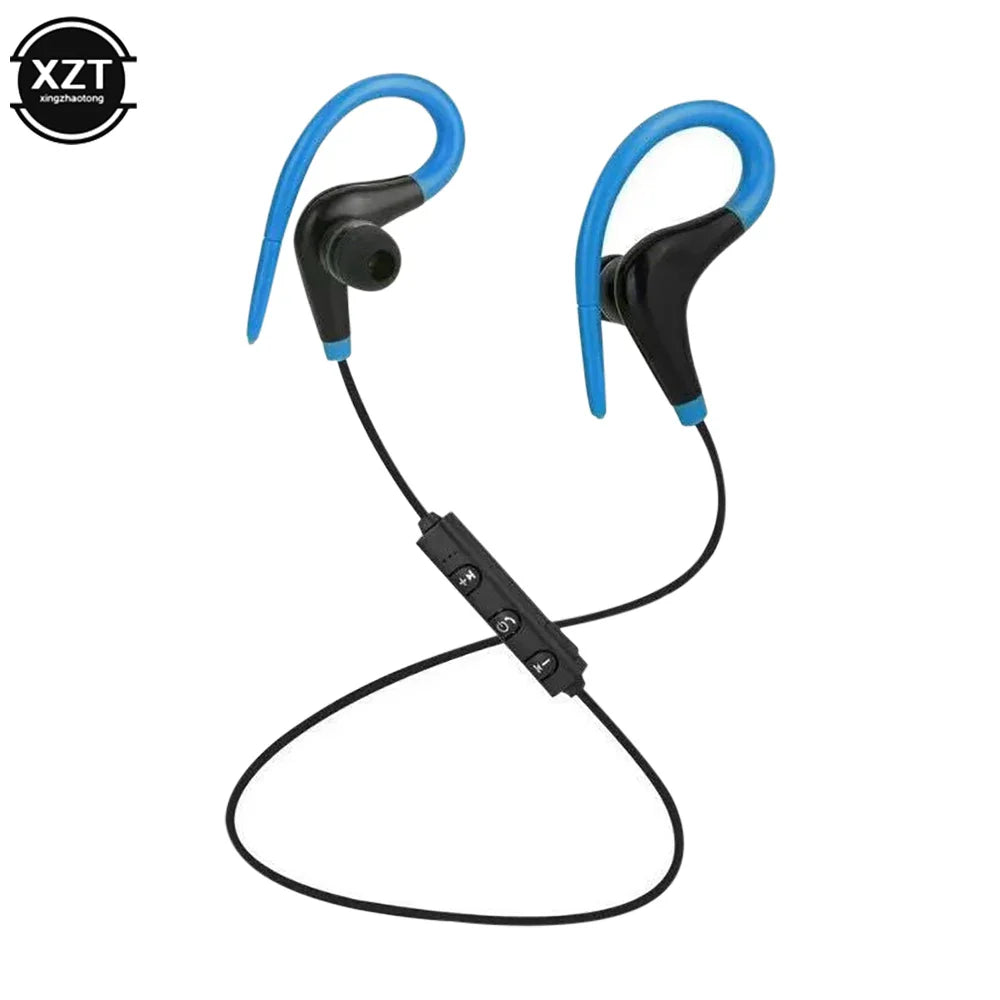 Blue and black sports wireless bluetooth in-ear earphones with ear hooks and central control for running stereo music