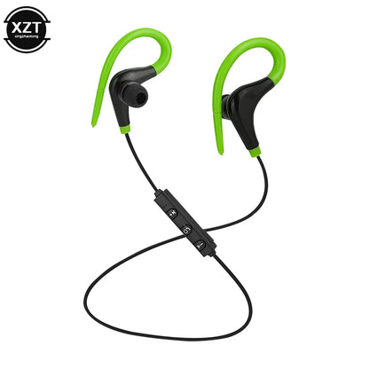 Green and black sports wireless bluetooth earphones with hook-style earpieces and central control for running and stereo music