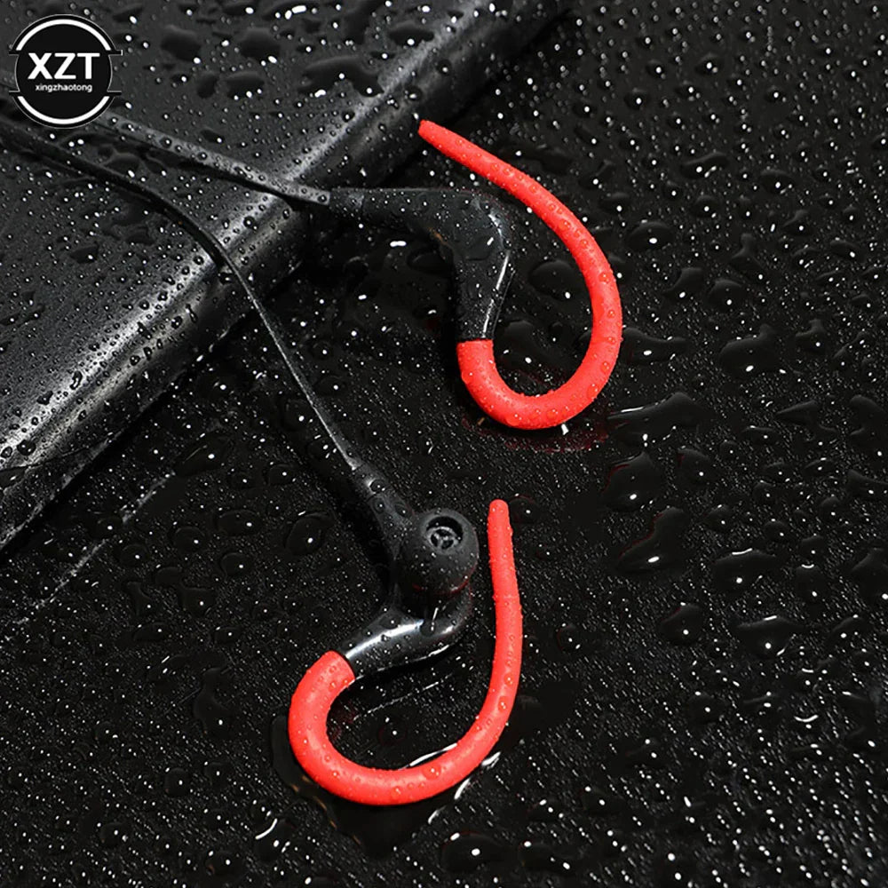 Red and black sports wireless bluetooth headset with silicone ear hooks designed for running stereo music earphones