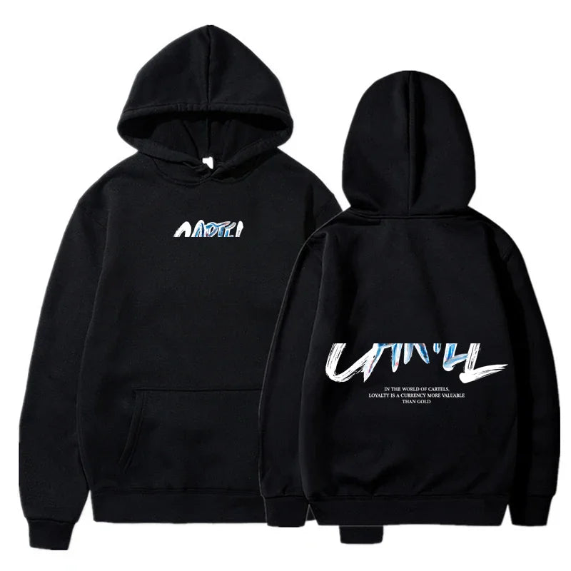 Black hoodie with white and light blue graffiti lettering front and back featuring kangaroo pocket for hip hop streetwear