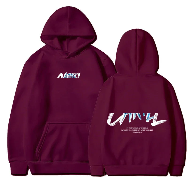 Maroon long sleeve hoodie with white and light blue graffiti style camel logo front and back for cool casual harajuku use