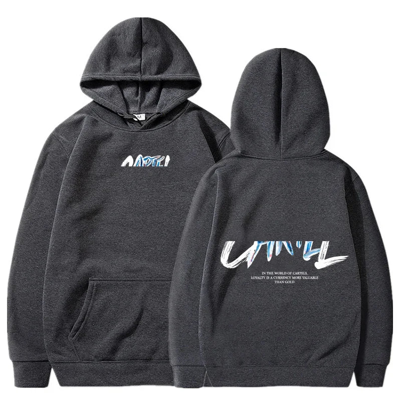Dark gray long sleeve hoodie with front pocket and white graffiti lettering for cool casual harajuku hip hop streetwear