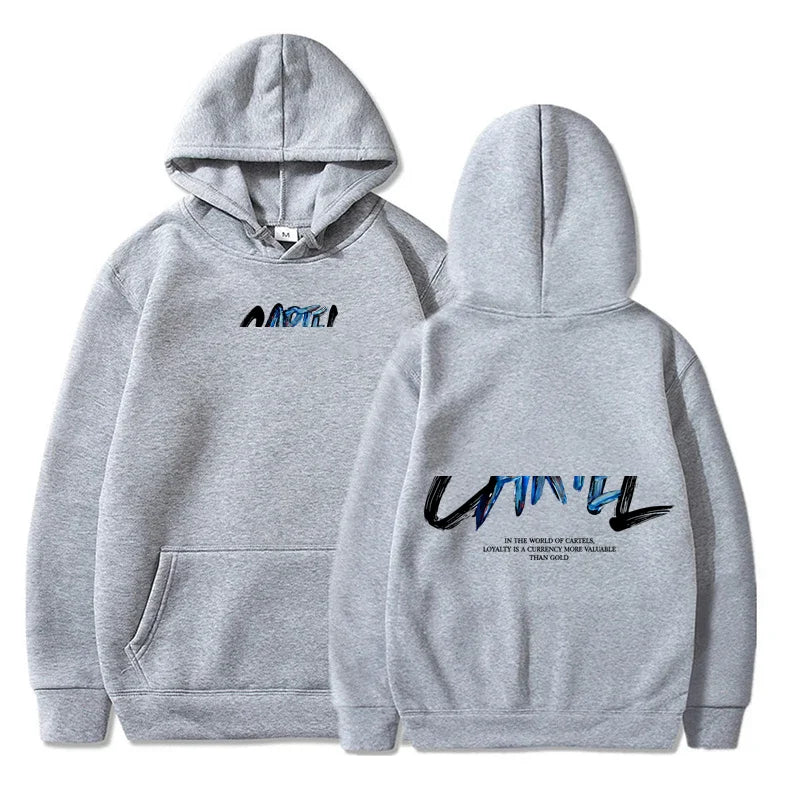 Back side of a gray long sleeve hoodie with bold black and blue graphic and text in the world of carter for harajuku hip hop streetwear