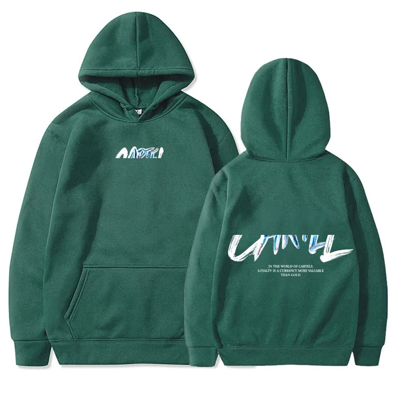 Dark green hooded sweatshirt with white and light blue graffiti lettering and kangaroo pocket for cool casual harajuku style