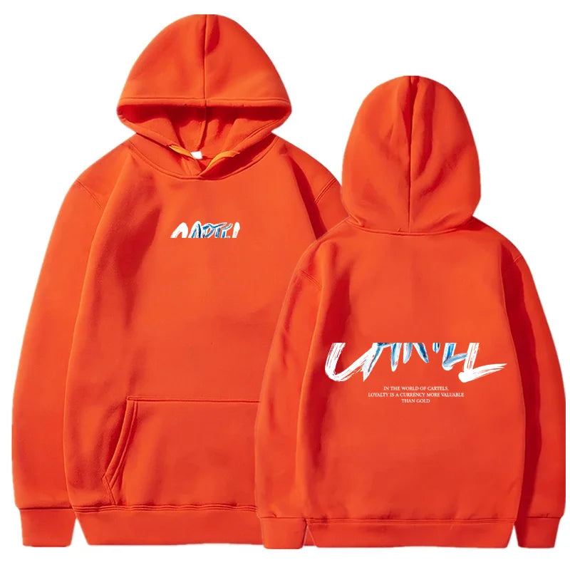 Bright orange long sleeve hoodie with white bold graphic design for cool casual harajuku hip hop streetwear style