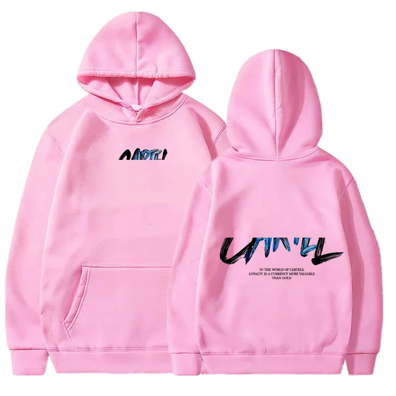 Pink long sleeve hoodie with black and blue graphic and in the world of cafés text for cool casual harajuku hip hop streetwear