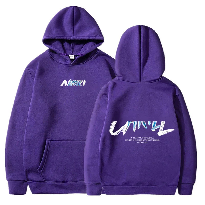 Purple long sleeve hoodie with white and light blue graffiti lettering front and back kangaroo pocket cool casual harajuku hip hop streetwear