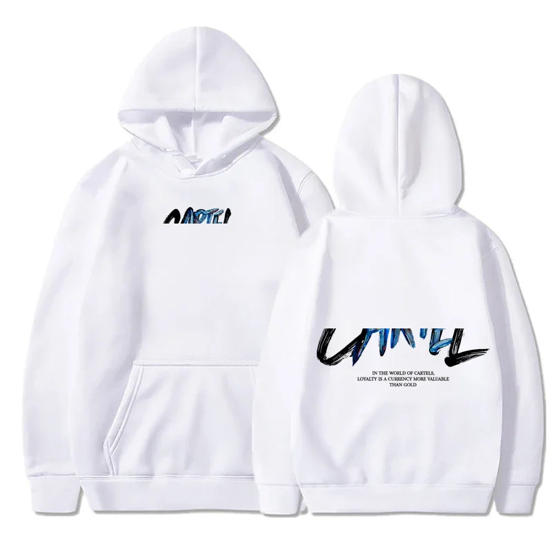 White long sleeve hoodie with bold black and blue carter graffiti and loyalty is a currency text on back for cool casual harajuku hip hop streetwear