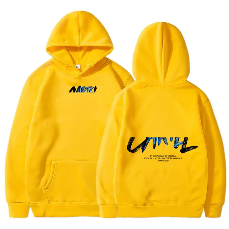 Bright yellow long sleeve hoodie with bold black blue carter graphic and quote for cool casual Harajuku hip hop streetwear