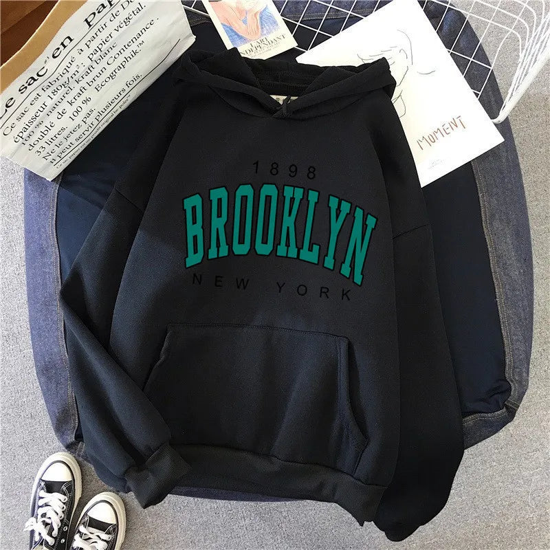 Black fleece hoodie hot selling with brooklyn new york teal and black printed couple hoodie sweatshirt design