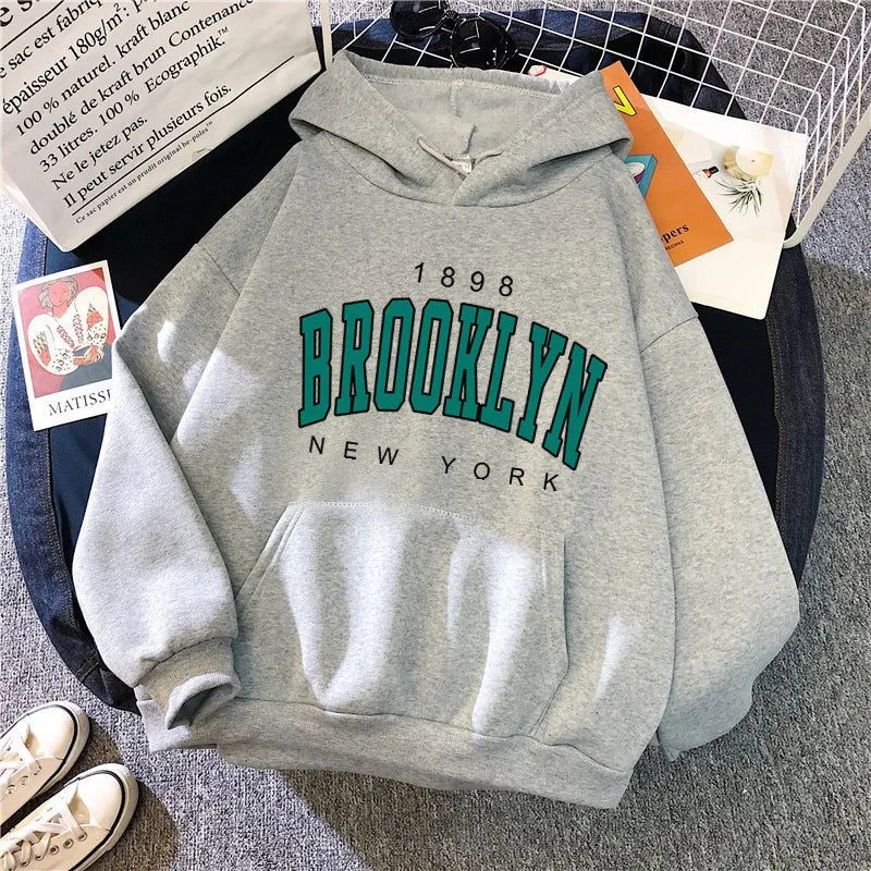 Gray fleece hoodie with brooklyn new york teal and black lettering hot selling couple hoodie sweatshirt