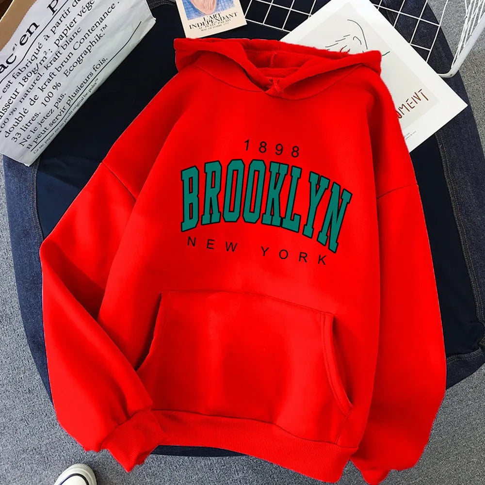 Vibrant red fleece hoodie hot selling with bold green brooklyn printed couple lettering and vintage 1898 arch design