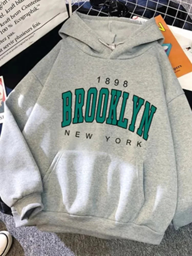 Gray fleece hoodie hot selling with brooklyn printed couple design in teal and black for spring and autumn wear