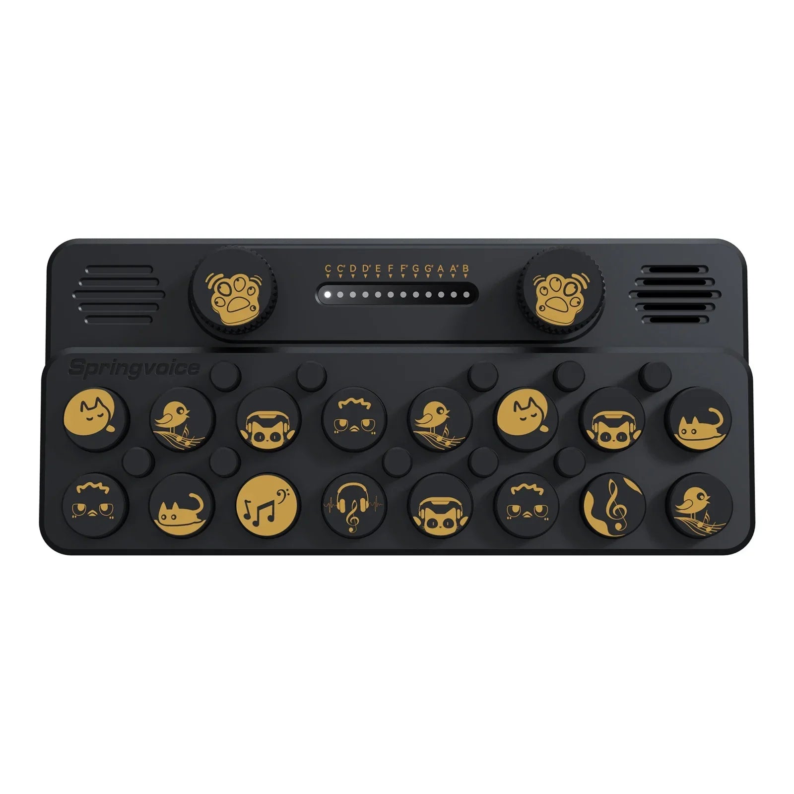 Black springvideo pocket music portable electronic piano with gold emoji keys and customizable music card feature