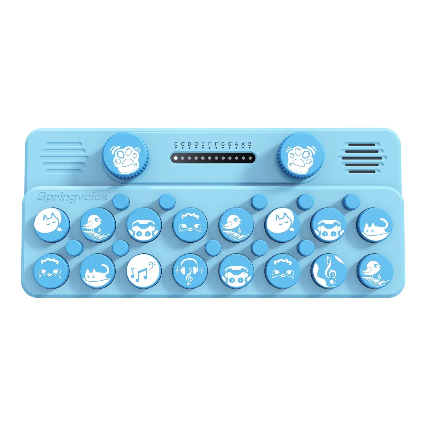 Light blue silicone springvideo pocket music keyboard with round cat and bird keycaps portable electronic piano with customizable music card