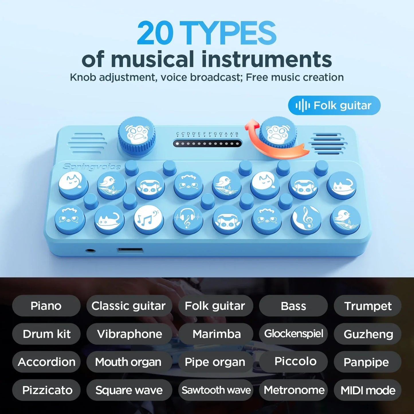Light blue springvideo pocket music keyboard mini portable electronic piano with round cartoon animal buttons and customizable music card