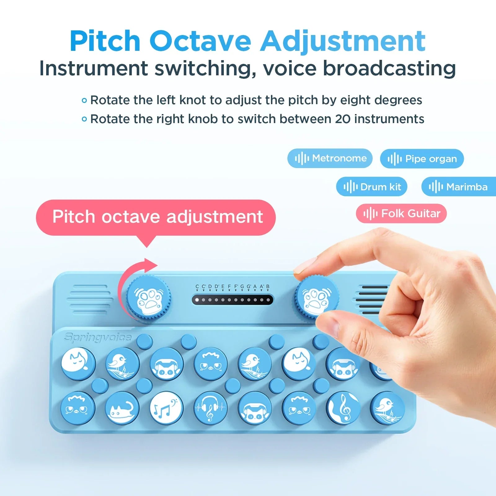 Light blue silicone springvideo pocket music mini portable electronic piano with cat buttons and customizable music card slots