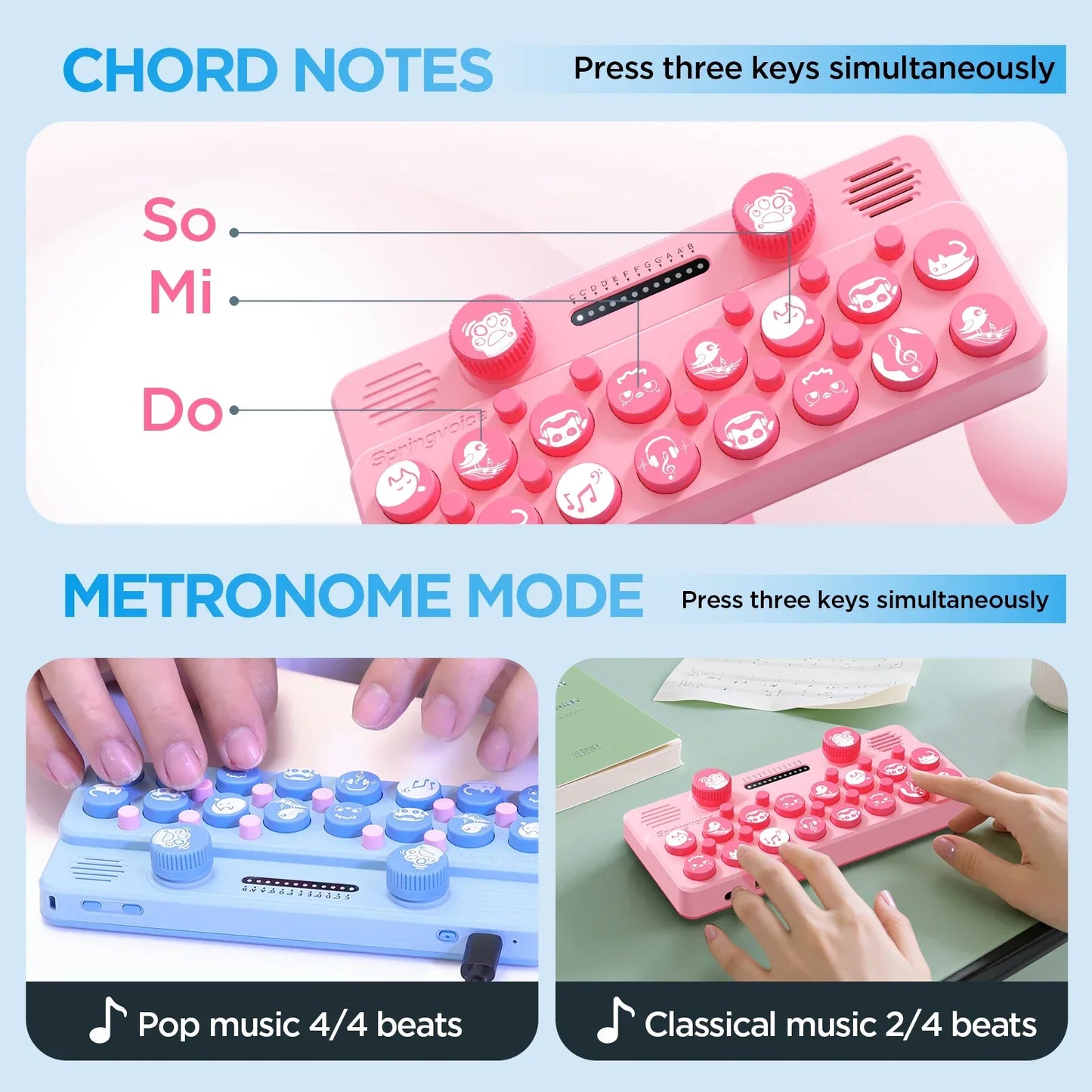 Springvideo pocket music pink and blue portable electronic piano with round cartoon buttons and customizable music card