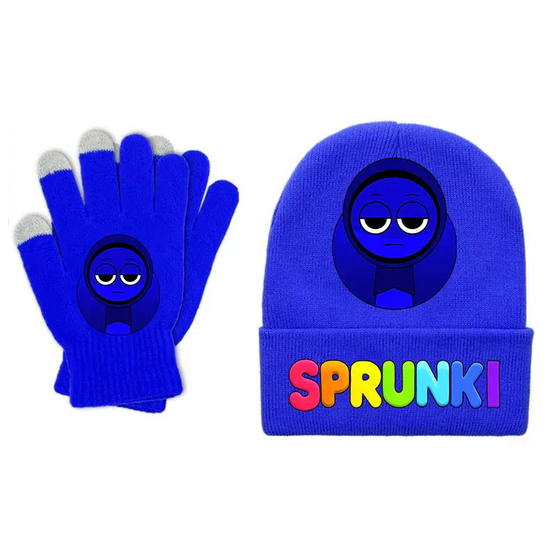 Vibrant royal blue knit sprunki children beanies gloves set featuring a cartoon face and rainbow sprunki lettering on cuff