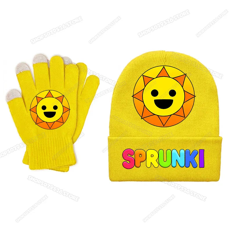 Bright yellow sprunki children beanies gloves set with cheerful sun face cartoon design for boys and girls winter wear