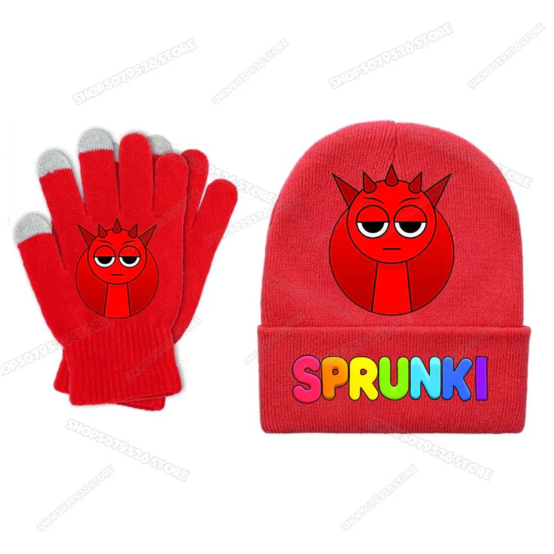 Red knit beanie with cartoon devil face and rainbow sprunki children beanies text in boy girl cartoon beanies gloves set