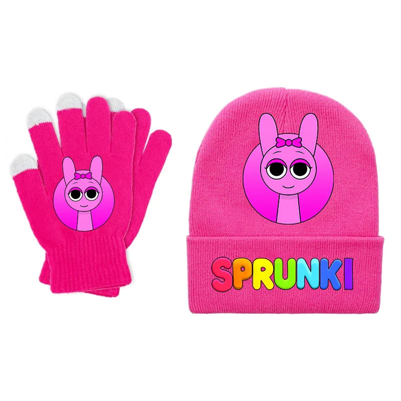 Bright pink sprunki children beanies gloves set with cartoon bunny and rainbow letters knitted for boy girl winter use