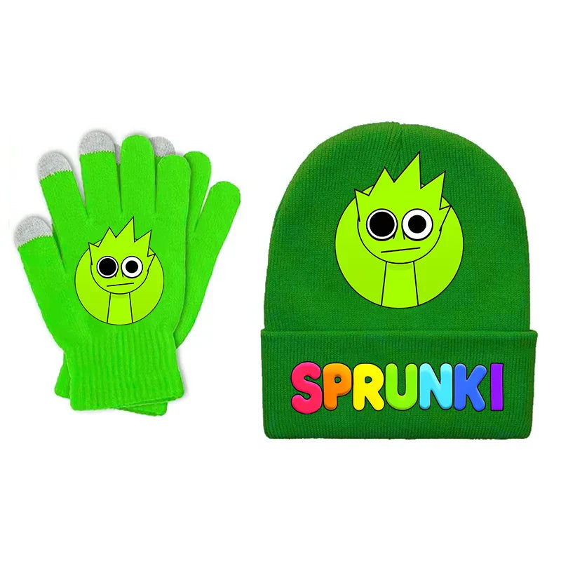 Bright green sprunki children beanies gloves set with cartoon boy girl character knitted for winter use