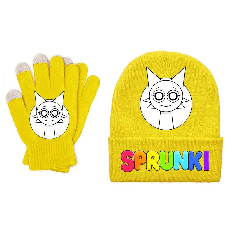 Bright yellow knit sprunki children beanies with white cartoon cat face and rainbow lettering from beanies gloves set for boy girl cartoon use