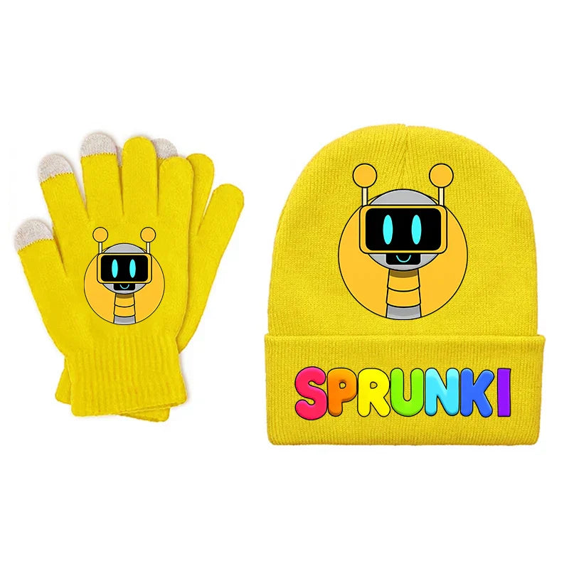 Bright yellow sprunki children beanies gloves set with cartoon robot bee design knitted for boys and girls winter use