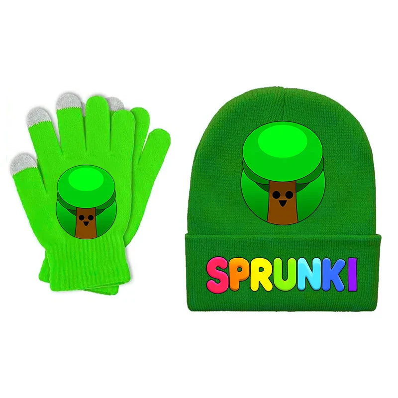 Bright green sprunki children beanies with cartoon tree design and rainbow sprunki lettering in beanies gloves set for boy girl cartoon