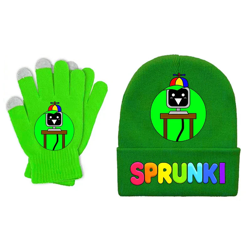 Bright green sprunki children beanies with rainbow logo and cartoon embroidery in beanies gloves set for boy girl cartoon winter use