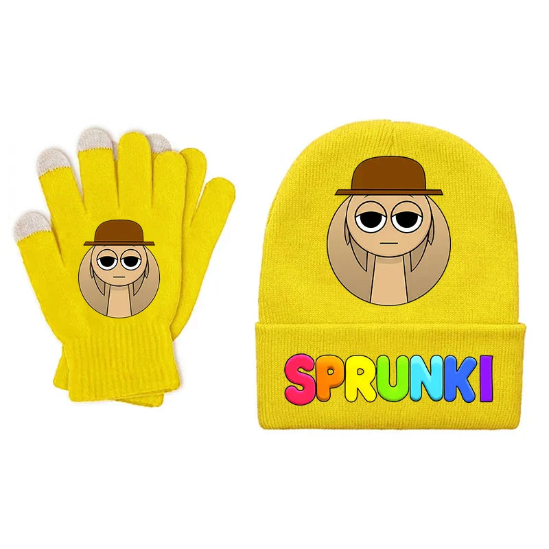 Bright yellow sprunki children beanies gloves set with cartoon boy girl design knitted for winter warmth