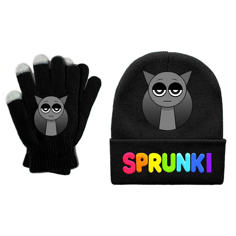 Black knit sprunki children beanies with gray cartoon cat face and rainbow sprunki lettering on cuff for boy girl cartoon use
