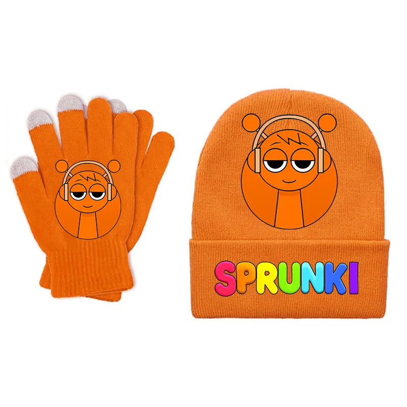 Orange knit sprunki children beanies with cartoon character headphones and rainbow sprunki lettering on cuff for boy girl cartoon