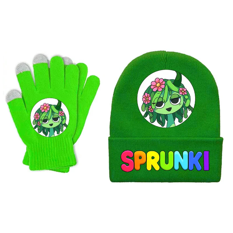 Bright green sprunki children beanies with cartoon embroidery and rainbow lettering in a beanies gloves set for boys and girls
