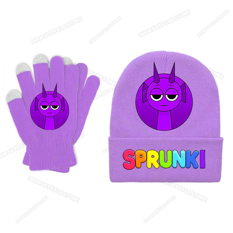 Purple knit sprunki children beanies featuring a cartoon purple demon face and rainbow sprunki text on the cuff