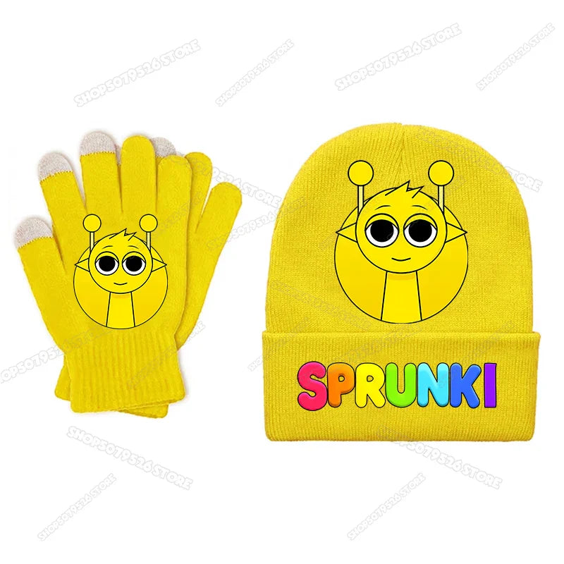 Bright yellow sprunki children beanies gloves set with cartoon bee design and rainbow lettering for boy girl winter use
