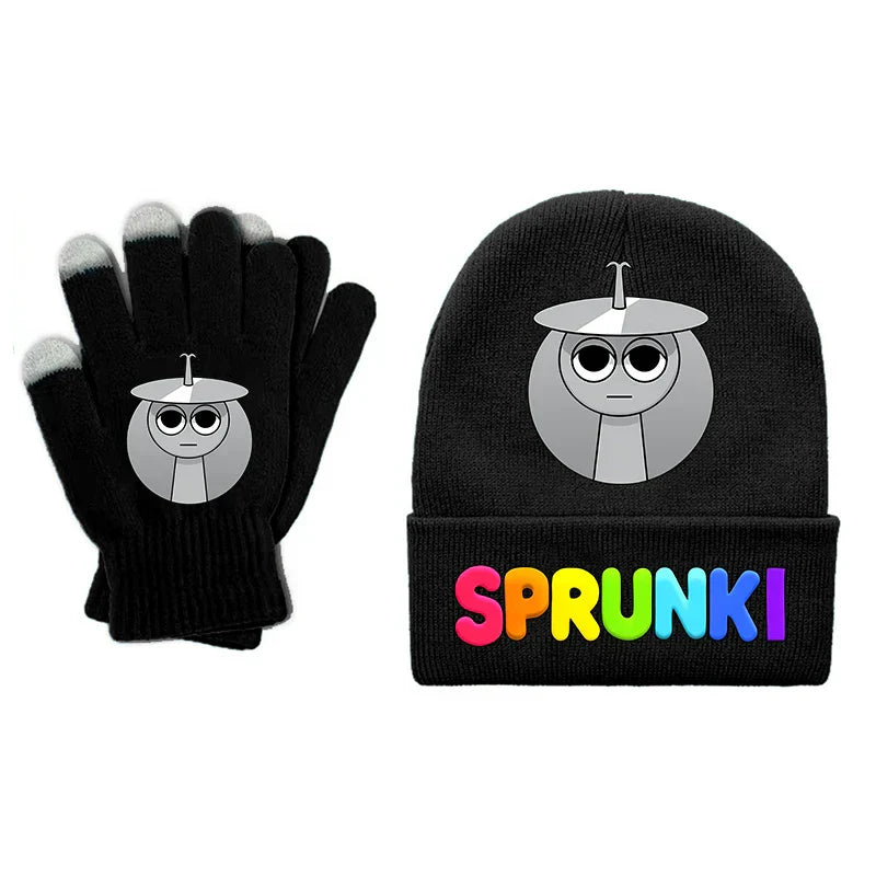 Black knit sprunki children beanies with gray cartoon character and rainbow lettering in boy girl cartoon beanies gloves set