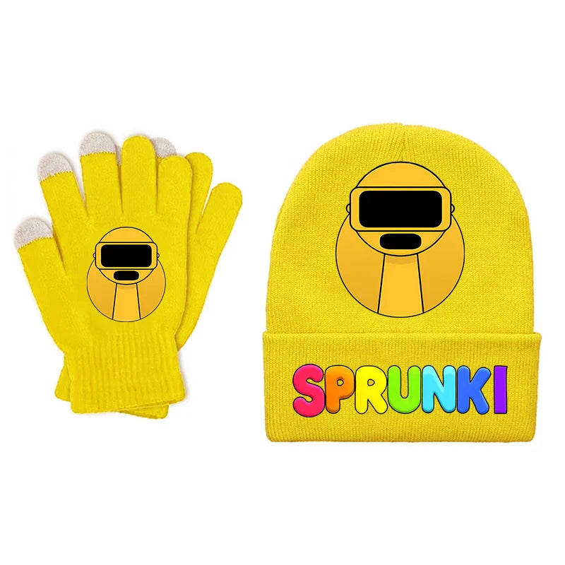 Bright yellow knit sprunki children beanie with cartoon face and rainbow sprunki lettering on cuff in beanies gloves set