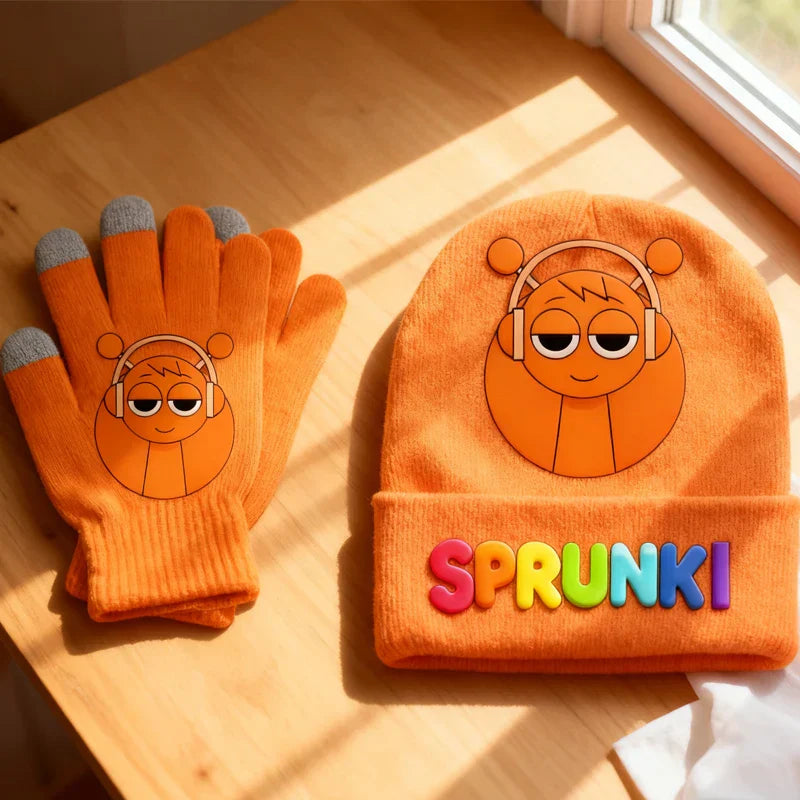 Orange knit sprunki children beanies with cartoon headphones character and colorful raised logo on cuff from beanies gloves set