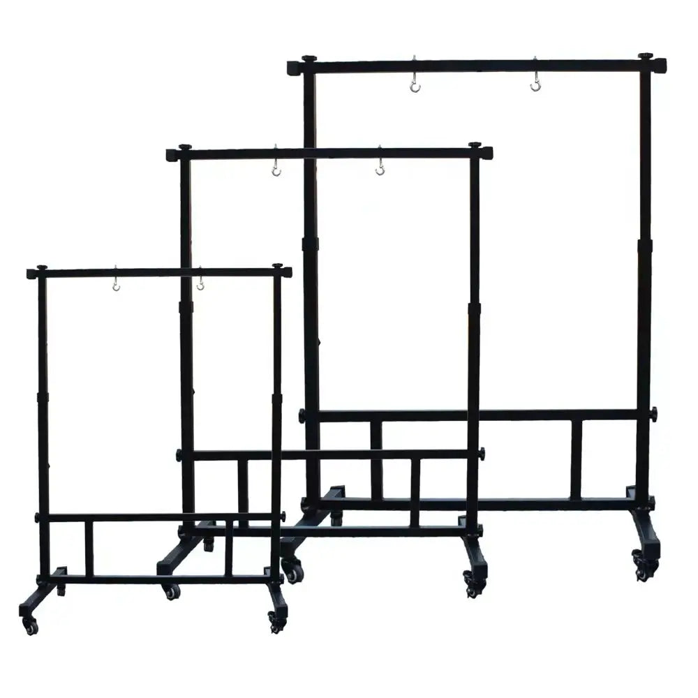 Black metal square steel stand with adjustable gong height and caster wheels for percussion musical instrument use